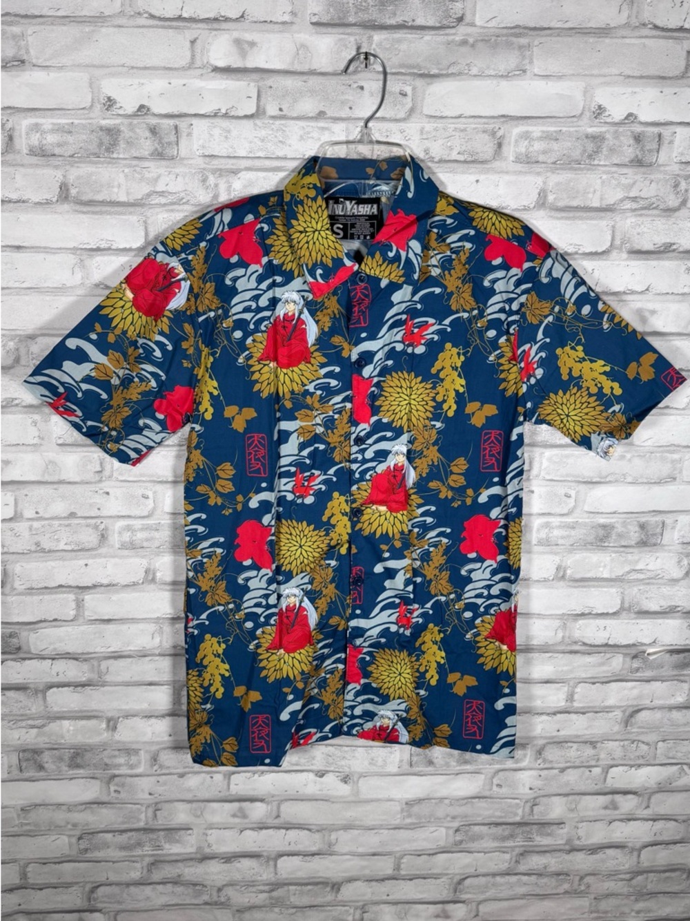 Lootcrate Inuyasha Aloha Blue Floral Short-Sleeve Button-Down Cotton Shirt